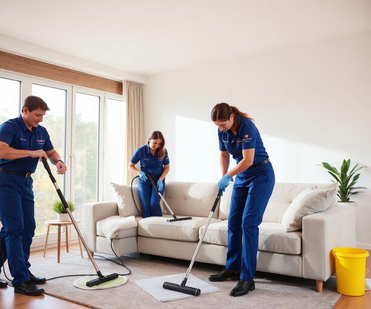Equipe profissional higienizando um sofá